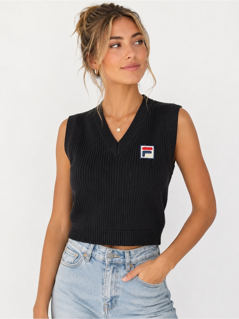 FILA x Hailey Black Rib Knit Sweater Vest XS Preppy Tennis Athleisure Logo